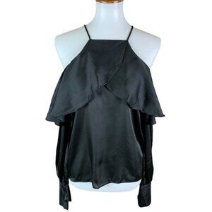 Haute Rogue Black Cold Shoulder Satin Ruffle Blouse Small Elegant Date Night NWT